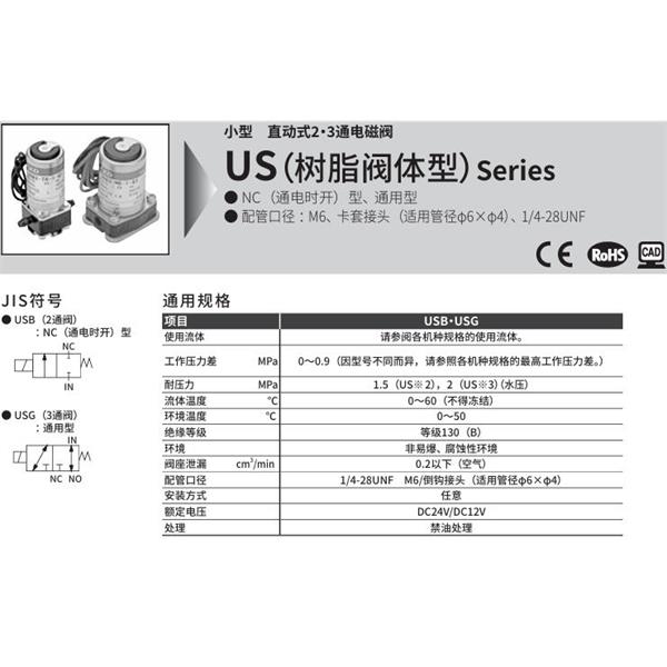 CKD喜開理多種流體小型直動(dòng)式2通電磁閥USG2-M6-1-S2-DC24V