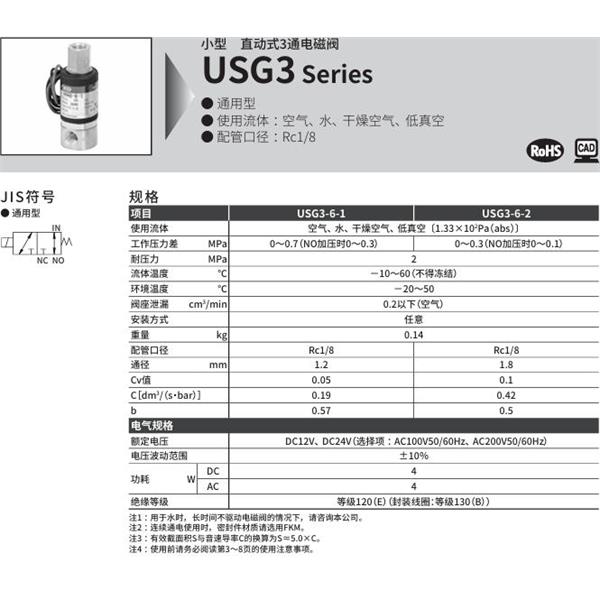 CKD喜開(kāi)理多種流體小型直動(dòng)式2通電磁閥USG3-6-2-E-AC200V